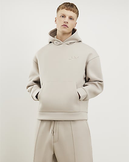 Beige Oversized Fit Script Graphic Hoodie