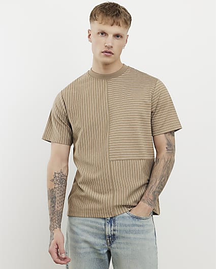Beige Regular Fit Stripe T-Shirt