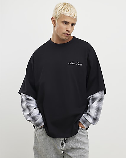Black Oversized Fit Layered Check T-Shirt