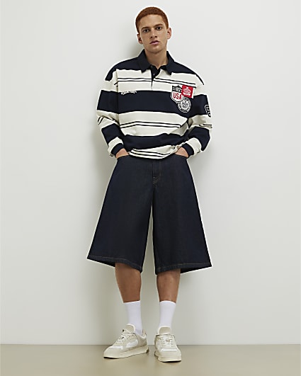 Navy Oversized Fit Stripe Rugby Polo Shirt