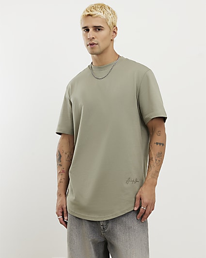 Khaki  Regular Fit Curve Hem T-Shirt