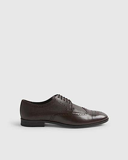 Brown Leather Textured Brogue Shoes