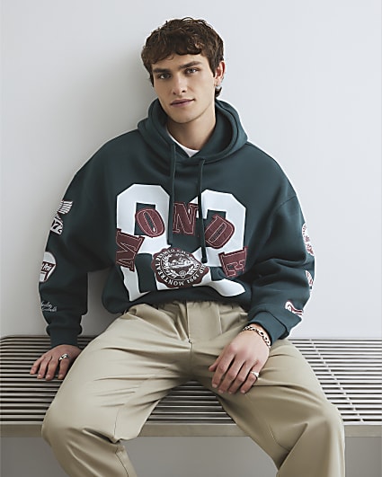 Green Oversized Fit Monde Applique Hoodie