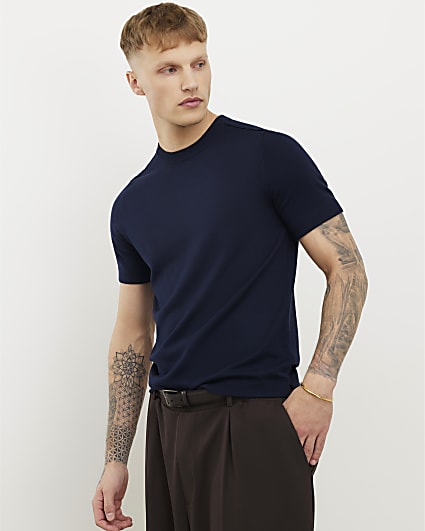 Navy Slim Fit Knitted T-Shirt