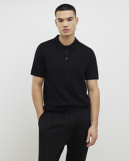 Black Slim Fit Knitted Polo Shirt