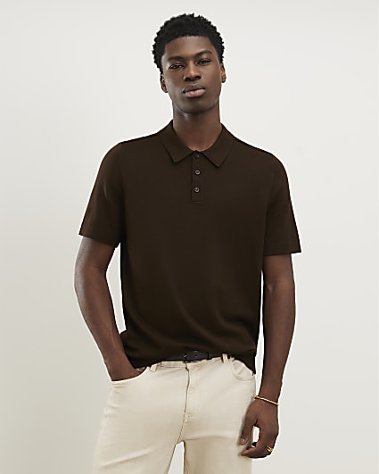 Brown Slim Fit Knit Polo Shirt