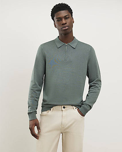 Green Slim Fit Zip Polo Jumper