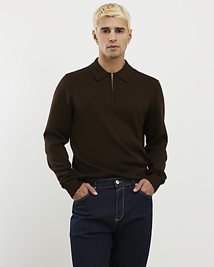 Brown Slim Fit Quarter Zip Polo Jumper