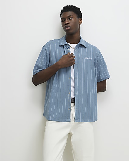 Blue Muscle Fit Stripe Short Sleeve Shirt