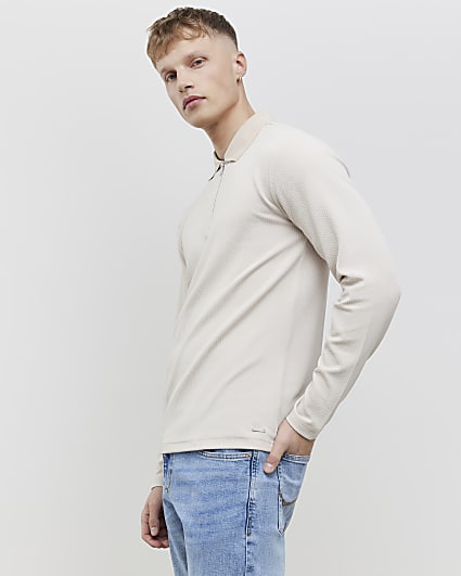 Beige Slim Fit Textured Polo Shirt