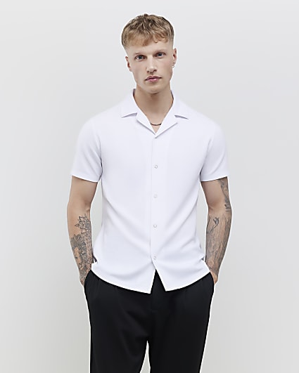 White Muscle Fit Ring Snap Shirt