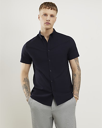 Navy Muscle Fit Textured Shirt