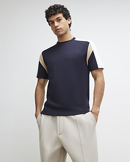 Navy Slim Fit Shoulder Colour Block T-Shirt