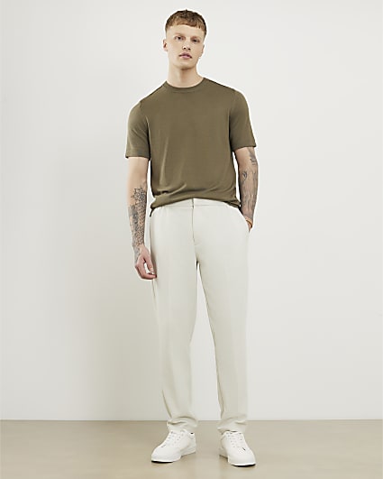 Cream Slim Fit Textured Trousers
