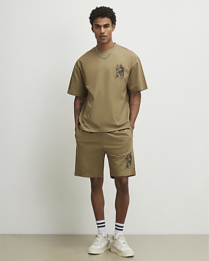 Khaki Cotton Japanese T-Shirt And Shorts Set