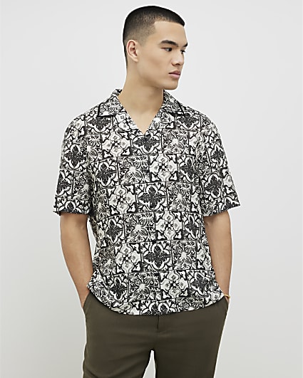 White Regular Fit Baroque Tile Print Shirt