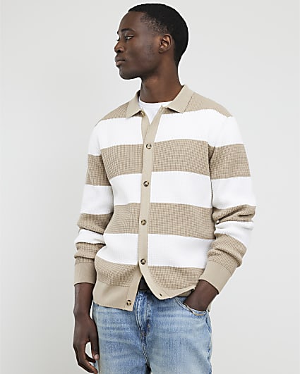 Beige Slim Fit Knitted Stripe Cardigan