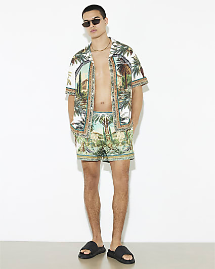 Green Palm Print Swim Shorts