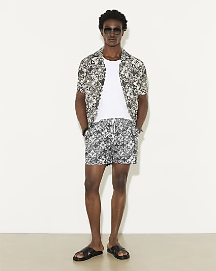 White Tile Print Swim Shorts