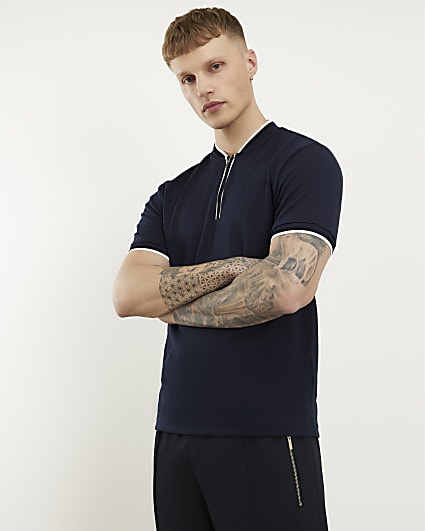 Navy Slim Fit Textured Tipped Baseball Top