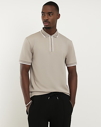 Beige Slim Fit Textured Zip Tip Polo Shirt