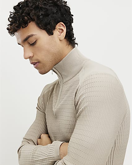 Beige Muscle Fit Quarter Zip Funnel Jumper
