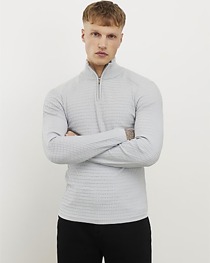 Grey Muscle Fit Quarter Zip Funnel Jumper