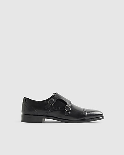 Black Leather Double Buckle Monk Shoes