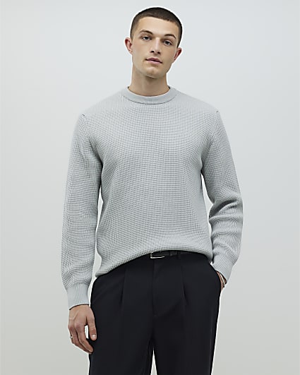 Grey Slim Fit Waffle Knit Jumper