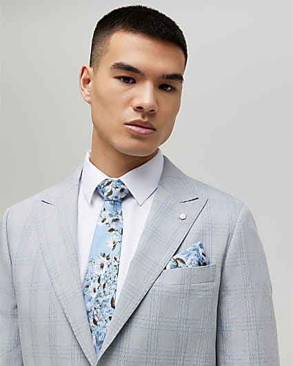 Blue Floral Tie and Handkerchief Set