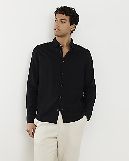 Black Regular Fit Linen Blend Shirt