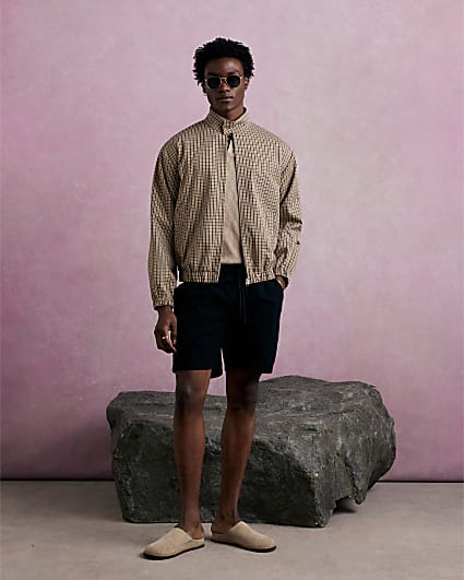 Beige Funnel Neck Check Harrington Jacket
