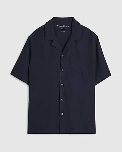 Navy Linen Blend Revere Collared Shirt
