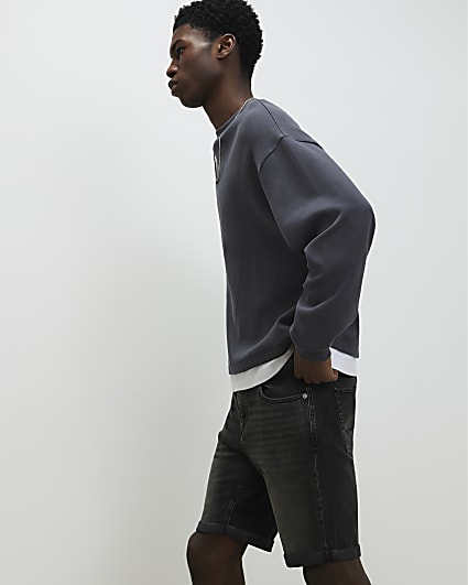 Black Washed Slim Fit Stretch Denim Shorts