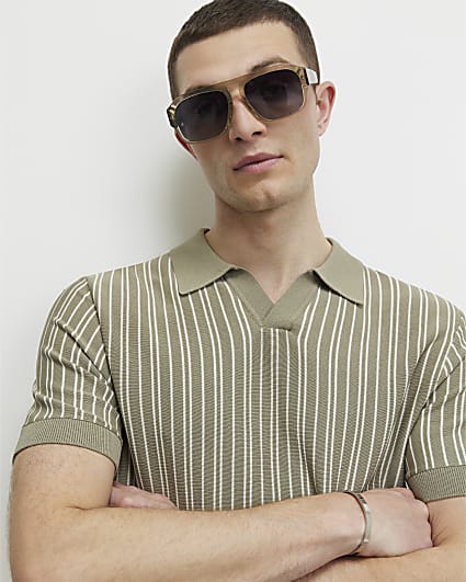 Green Pinstripe Open Collar Knit Shirt