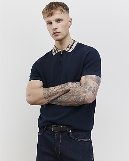 Navy Slim Fit Check Collar Polo Shirt