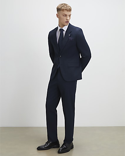 Navy Slim Fit Check Suit Trousers