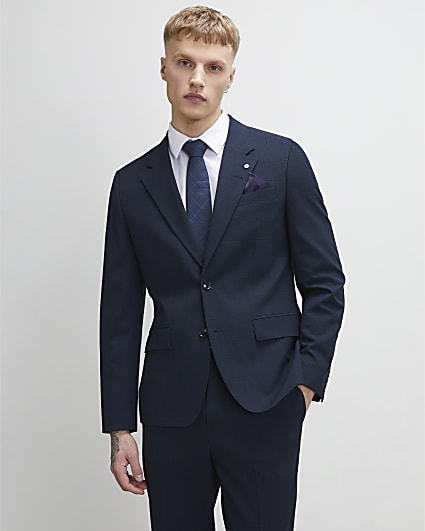 Navy Slim Fit Check Suit Jacket