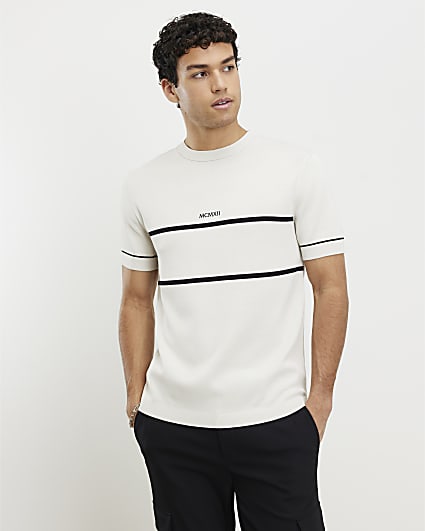 Beige Slim Fit Chest Blocked T-Shirt