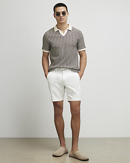 Cream Slim Fit Belted Chino Shorts