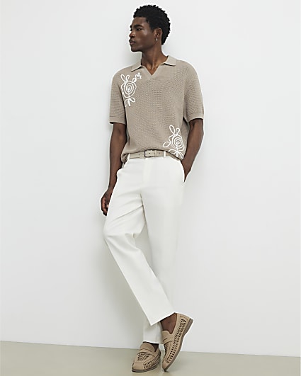 White Slim Fit Linen Blend Trousers