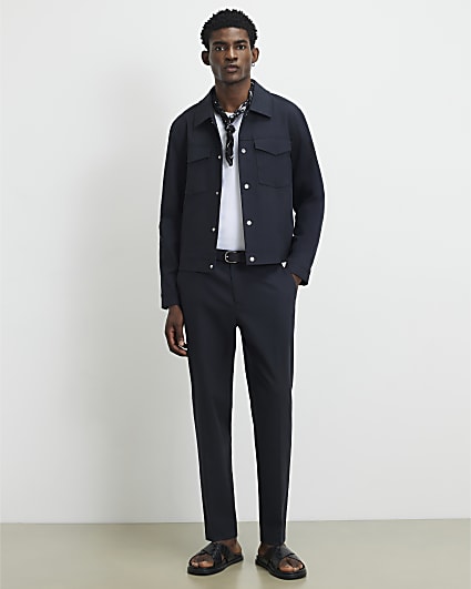 Navy Slim Fit Linen Blend Trousers