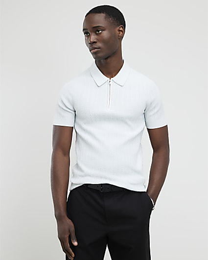 Blue Muscle Fit Ribbed Polo Shirt