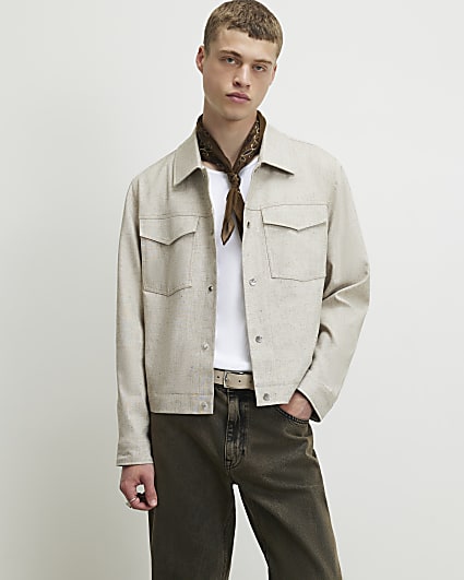 Beige Boxy Linen Blend Western Jacket
