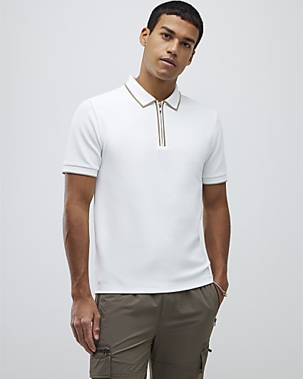 White Slim Fit Textured Zip Neck Polo Shirt