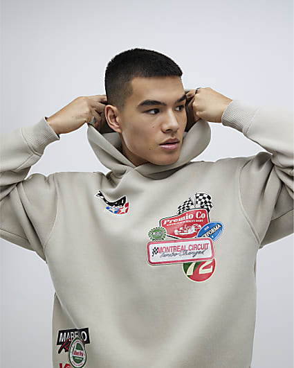 Beige Oversized Fit Multi Badging Hoodie