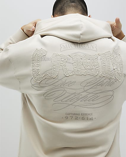 Beige Oversized Fit Wordy Applique Hoodie