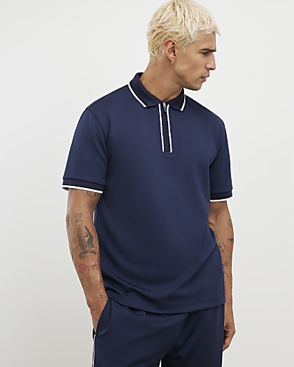 Navy Slim Fit Textured Zip Tipped Polo Shirt