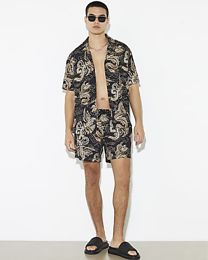 Black Japanese Print Swim Shorts