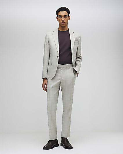 Beige Skinny Fit Check Suit Trousers